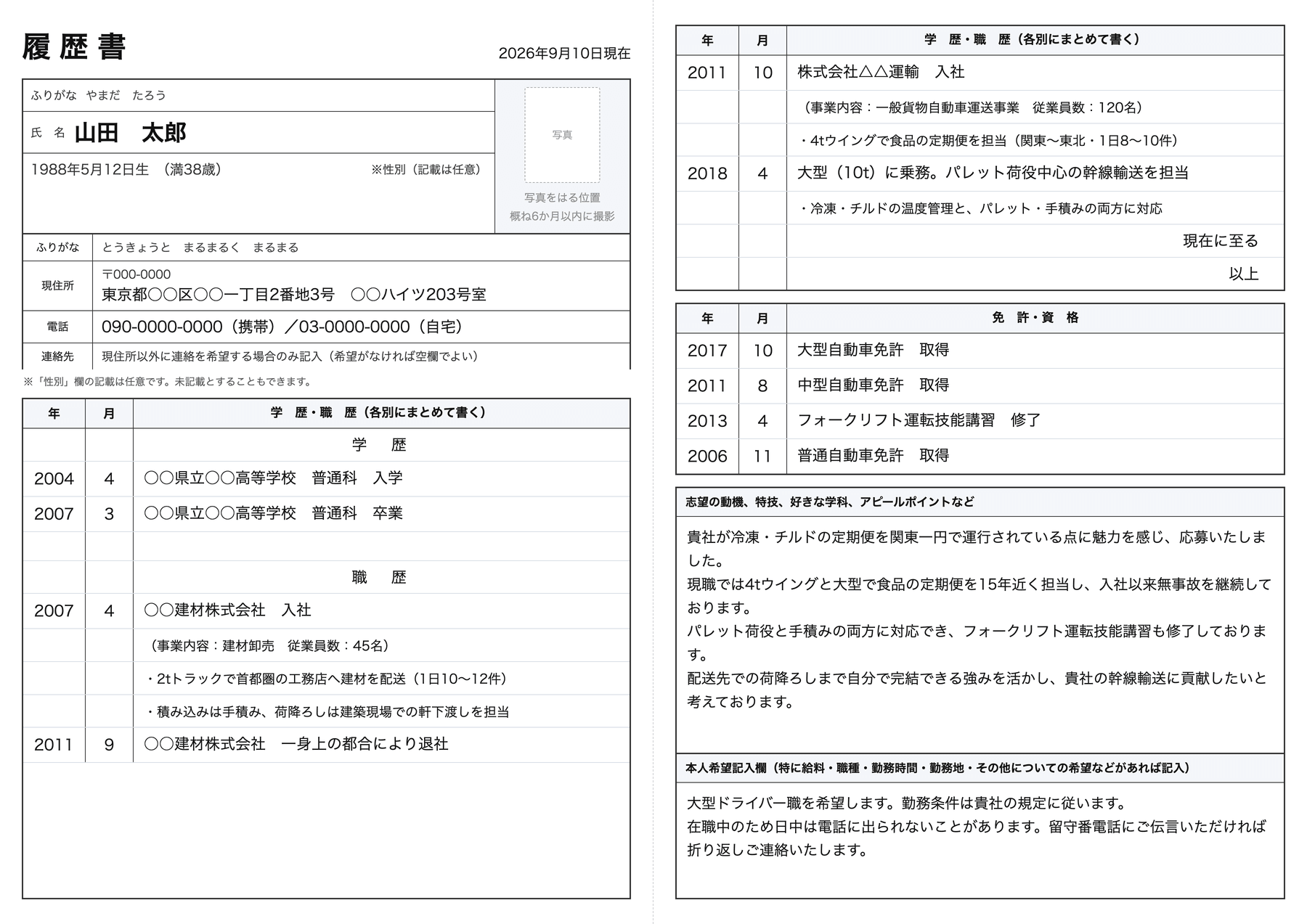トラック運転手の履歴書の記入例。左ページに氏名・現住所・学歴と職歴の前半、右ページに職歴の続き・免許資格・志望の動機とアピールポイント・本人希望記入欄を記入した見開きの見本