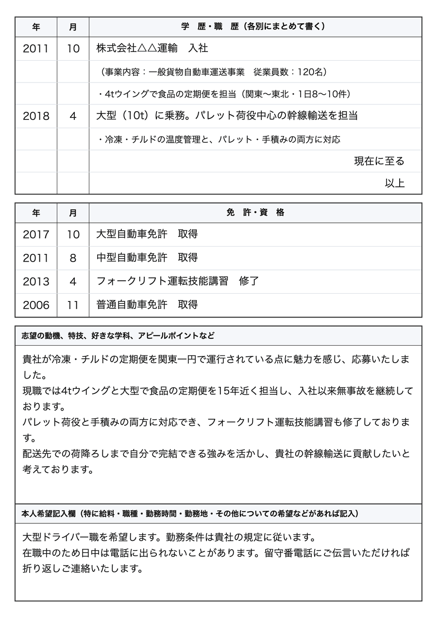 履歴書の右ページの記入例。職歴の続き、免許・資格欄に大型自動車免許・中型自動車免許・フォークリフト運転技能講習・普通自動車免許を記入し、志望の動機とアピールポイント欄、本人希望記入欄を埋めた見本
