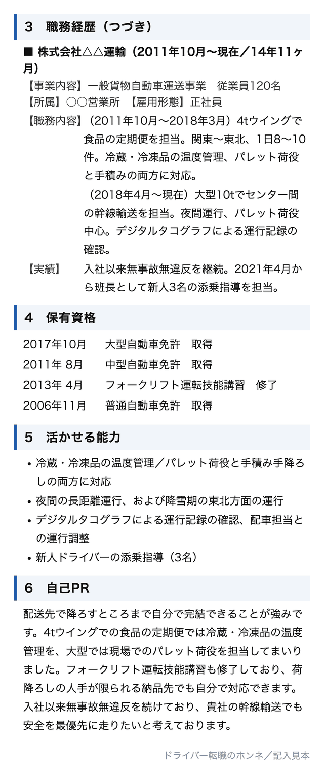 職務経歴書の後半の拡大図。職務経歴の2社目に加えて、保有資格を取得年月つきで4件、活かせる能力を4項目、自己PRを丁寧語で記入した見本